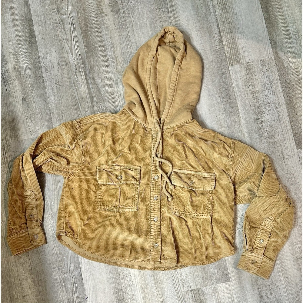 American Eagle Tan Corduroy Hooded Shacket Jacket Womens M Button Front Crop